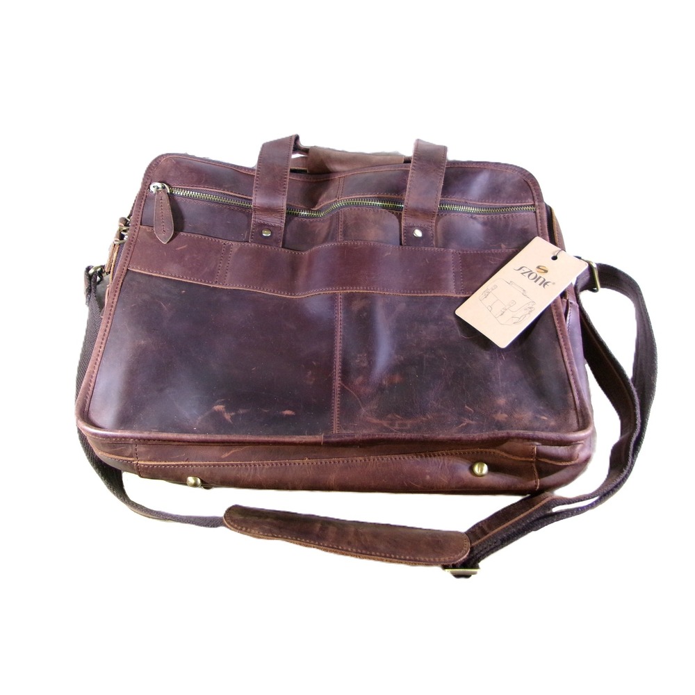 S-ZONE Unisex Large Messenger Bag Brown Leather Laptop Briefcase Crossbody